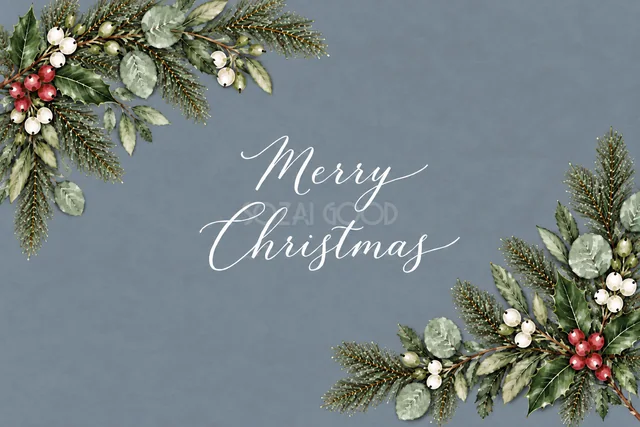 もみの枝とユーカリの対角飾りのくすみブルーグレー水彩クリスマスカード（Merry Christmas文字入り）