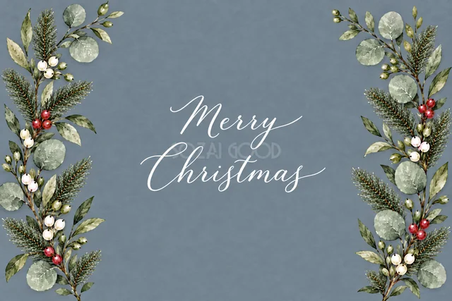 もみの枝とユーカリの左右ボーダーのくすみブルーグレー水彩クリスマスカード（Merry Christmas文字入り）