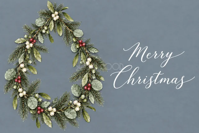 もみの枝とユーカリの左側半月リースのくすみブルーグレー水彩クリスマスカード（Merry Christmas文字入り）