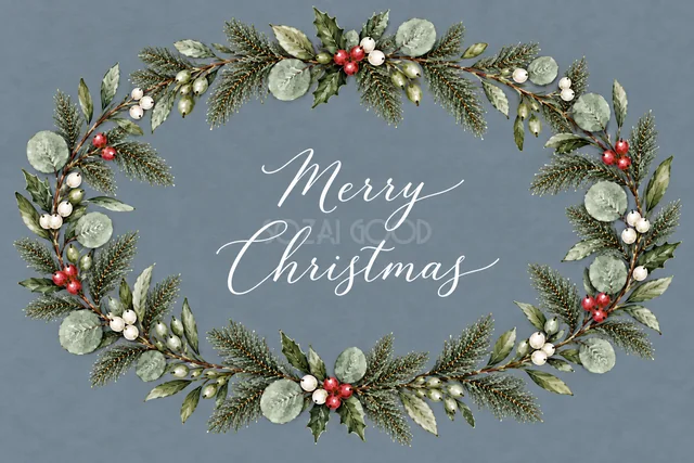 もみの枝とユーカリの横長リースのくすみブルーグレー水彩クリスマスカード（Merry Christmas文字入り）