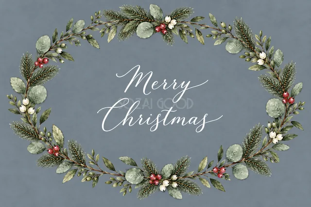 もみの枝とユーカリの楕円リースのくすみブルーグレー水彩クリスマスカード（Merry Christmas文字入り）