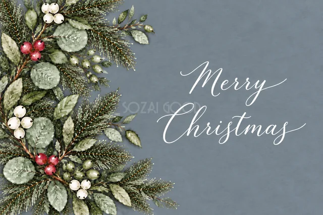 もみの枝とユーカリの左側ボーダーのくすみブルーグレー水彩クリスマスカード（Merry Christmas文字入り）