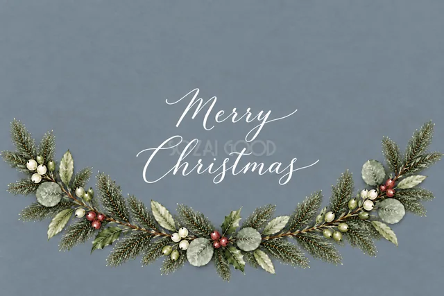 もみの枝とユーカリの下辺ガーランドのくすみブルーグレー水彩クリスマスカード（Merry Christmas文字入り）