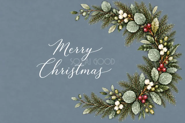 もみの枝とユーカリの右側半月リースのくすみブルーグレー水彩クリスマスカード（Merry Christmas文字入り）