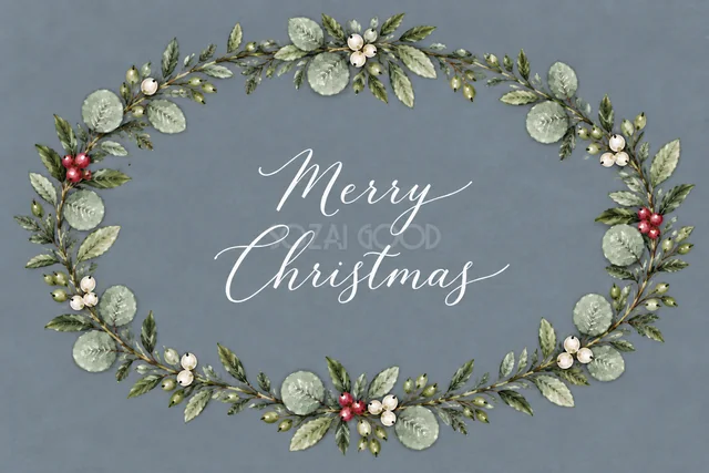 ユーカリと赤白の実の楕円リースのくすみブルーグレー水彩クリスマスカード（Merry Christmas文字入り）