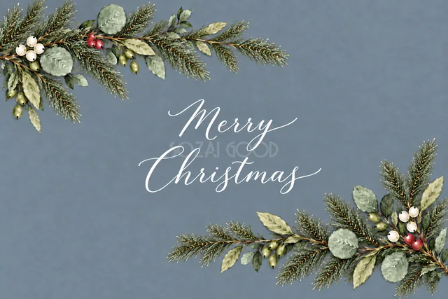 もみの枝とユーカリの対角コーナー飾りのくすみブルーグレー水彩クリスマスカード（Merry Christmas文字入り）