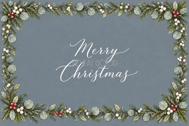 もみの枝とユーカリの長方形フレームのくすみブルーグレー水彩クリスマスカード（Merry Christmas文字入り）