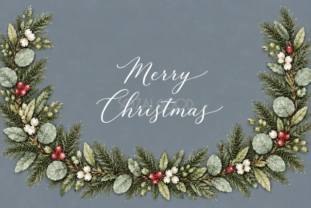 もみの枝とユーカリの下辺アーチのくすみブルーグレー水彩クリスマスカード（Merry Christmas文字入り）