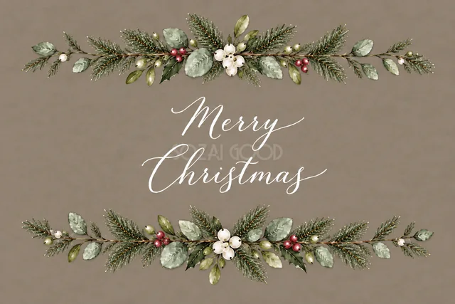 もみの枝とユーカリの上下ガーランドのグレージュ水彩クリスマスカード（Merry Christmas文字入り）
