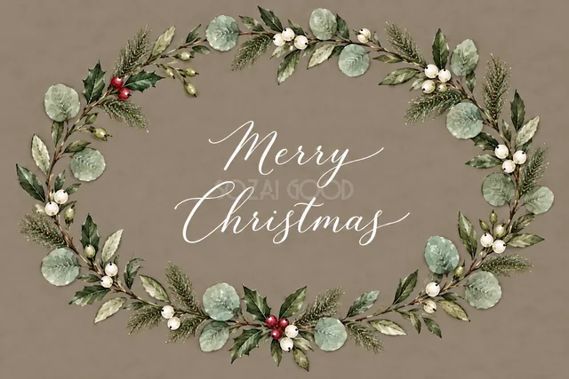 ユーカリと赤白の実の丸いリースのグレージュ水彩クリスマスカード（Merry Christmas文字入り）