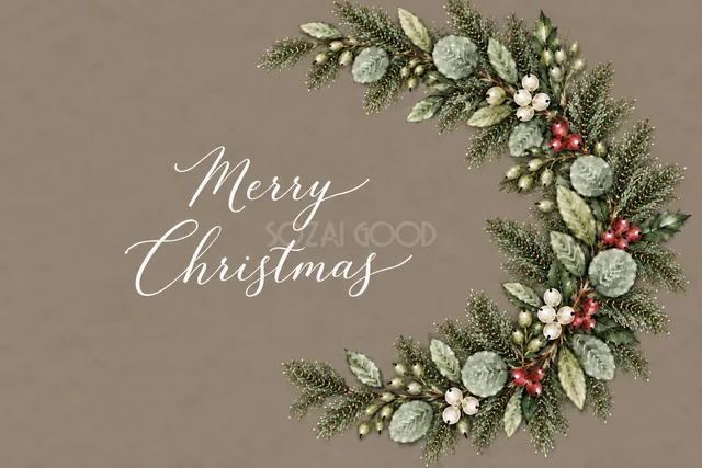 もみの枝とユーカリの右側半月リースのグレージュ水彩クリスマスカード（Merry Christmas文字入り）