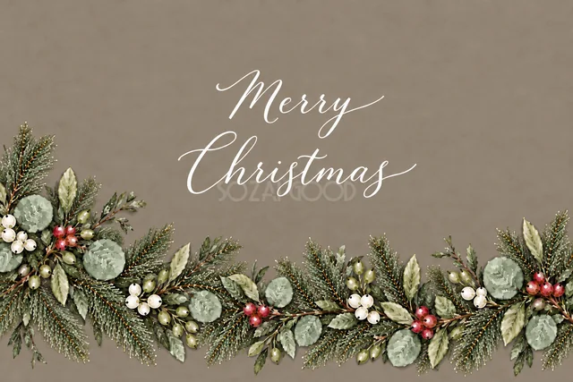 もみの枝とユーカリの下辺ボーダーのグレージュ水彩クリスマスカード（Merry Christmas文字入り）
