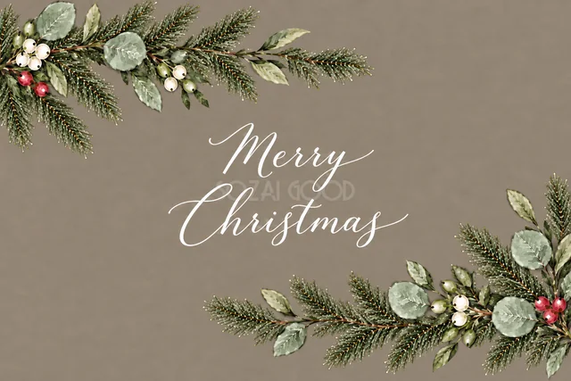 もみの枝と白い実の対角飾りのグレージュ水彩クリスマスカード（Merry Christmas文字入り）
