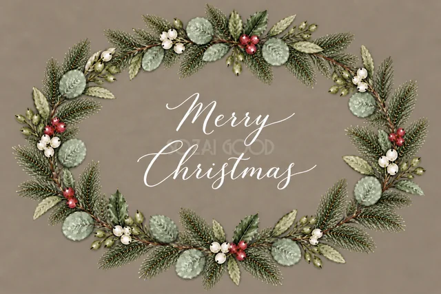 もみの枝とユーカリの横長リースのグレージュ水彩クリスマスカード（Merry Christmas文字入り）