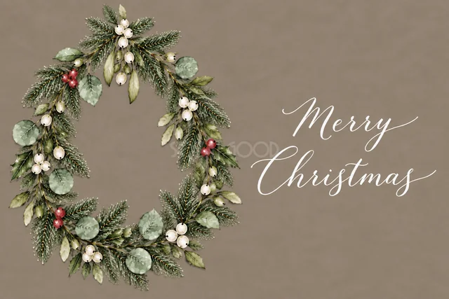 もみの枝とユーカリの左側半月リースのグレージュ水彩クリスマスカード（Merry Christmas文字入り）