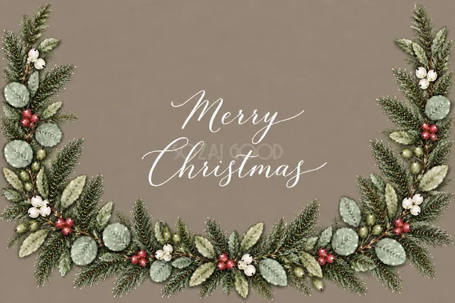 もみの枝とユーカリの下辺アーチのグレージュ水彩クリスマスカード（Merry Christmas文字入り）