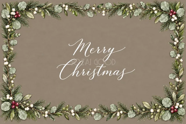 もみの枝とユーカリの長方形フレームのグレージュ水彩クリスマスカード（Merry Christmas文字入り）