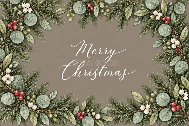 もみの枝とユーカリの全面フレームのグレージュ水彩クリスマスカード（Merry Christmas文字入り）