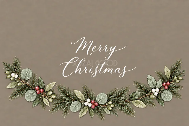 もみの枝とユーカリの下辺ガーランドのグレージュ水彩クリスマスカード（Merry Christmas文字入り）