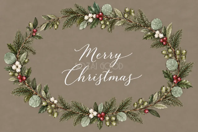 ユーカリと赤白の実の楕円リースのグレージュ水彩クリスマスカード（Merry Christmas文字入り）