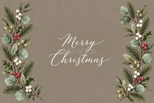 もみの枝とユーカリの左右ボーダーのグレージュ水彩クリスマスカード（Merry Christmas文字入り）