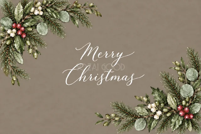 もみの枝とユーカリの対角コーナー飾りのグレージュ水彩クリスマスカード（Merry Christmas文字入り）