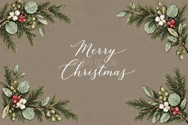 もみの枝とユーカリの四隅飾りのグレージュ水彩クリスマスカード（Merry Christmas文字入り）