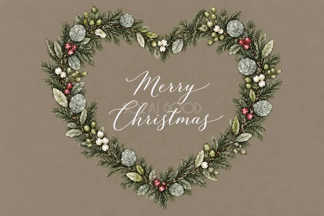 もみの枝とユーカリのハート型リースのグレージュ水彩クリスマスカード（Merry Christmas文字入り）