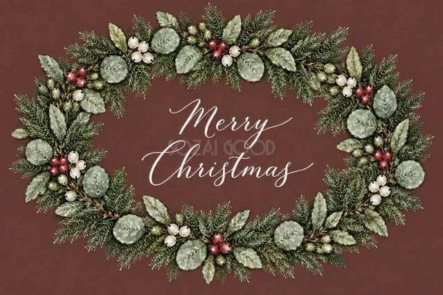 もみの枝とユーカリの横長リースのボルドー水彩クリスマスカード（Merry Christmas文字入り）