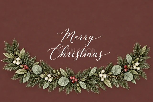 もみの枝とユーカリの下飾りのボルドー水彩クリスマスカード（Merry Christmas文字入り）