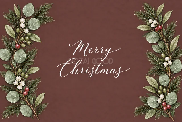 もみの枝とユーカリの左右ボーダーのボルドー水彩クリスマスカード（Merry Christmas文字入り）