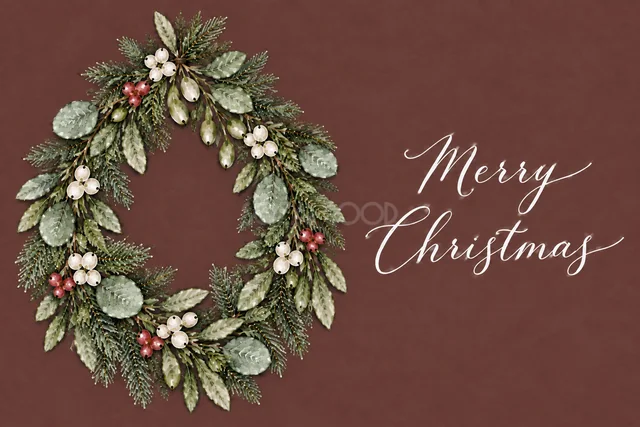 もみの枝とユーカリの左側半月リースのボルドー水彩クリスマスカード（Merry Christmas文字入り）