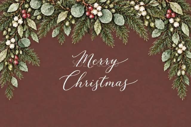 もみの枝とユーカリの上辺ガーランドのボルドー水彩クリスマスカード（Merry Christmas文字入り）