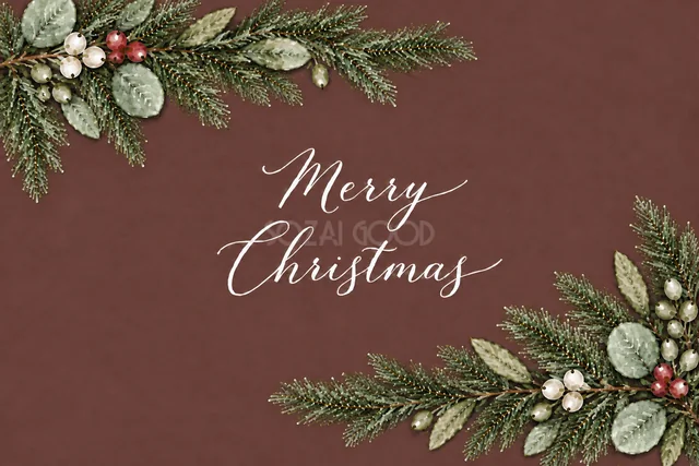 もみの枝と白い実の対角ラインのボルドー水彩クリスマスカード（Merry Christmas文字入り）