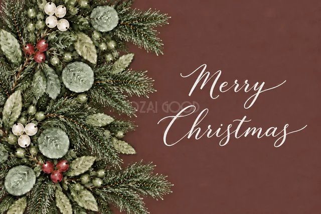 もみの枝とユーカリの左側ボーダーのボルドー水彩クリスマスカード（Merry Christmas文字入り）