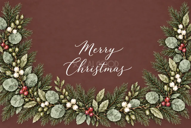 もみの枝とユーカリの下辺アーチのボルドー水彩クリスマスカード（Merry Christmas文字入り）
