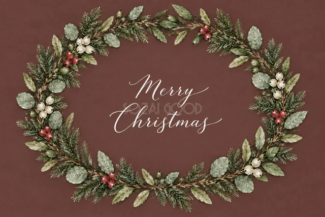 ユーカリと赤白の実の丸いリースのボルドー水彩クリスマスカード（Merry Christmas文字入り）