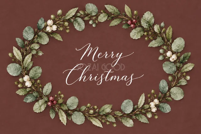 ユーカリと赤白の実の楕円リースのボルドー水彩クリスマスカード（Merry Christmas文字入り）