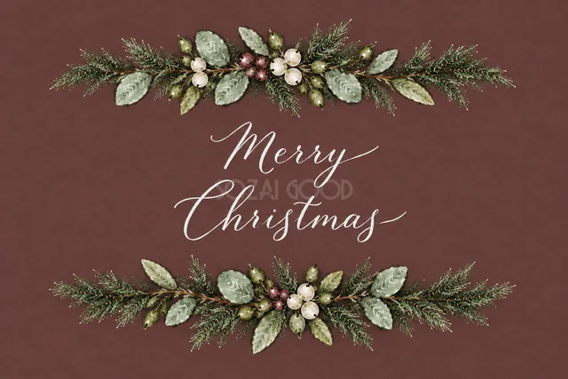 もみの枝とユーカリの上下ガーランドのボルドー水彩クリスマスカード（Merry Christmas文字入り）