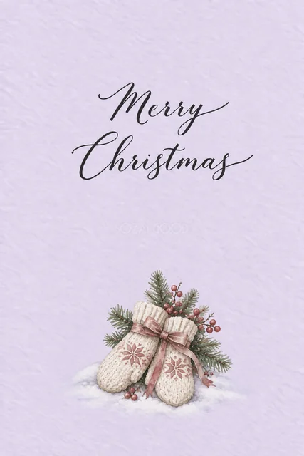 白いミトンと赤い実のラベンダー水彩クリスマスカード（Merry Christmas文字入り）