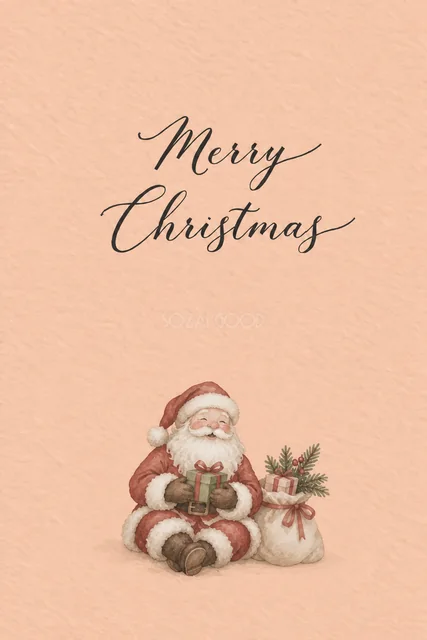 プレゼントを持つサンタクロースのピーチ水彩クリスマスカード（Merry Christmas文字入り）