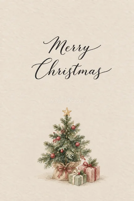 クリスマスツリーとプレゼントのグレージュ水彩クリスマスカード（Merry Christmas文字入り）