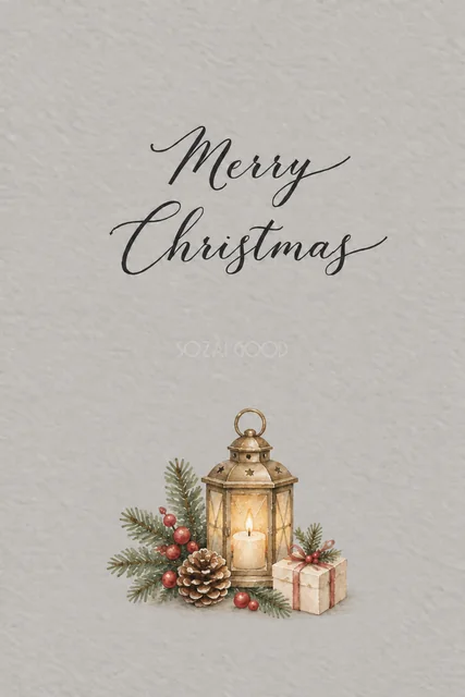 ランタンと松ぼっくりのグレー水彩クリスマスカード（Merry Christmas文字入り）