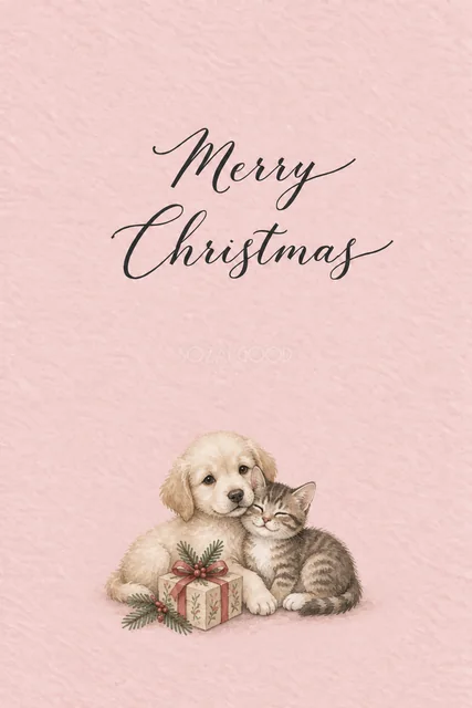 子犬と子猫とプレゼントのピンク水彩クリスマスカード（Merry Christmas文字入り）