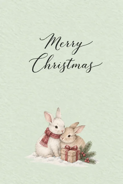 うさぎとプレゼントのミント水彩クリスマスカード（Merry Christmas文字入り）