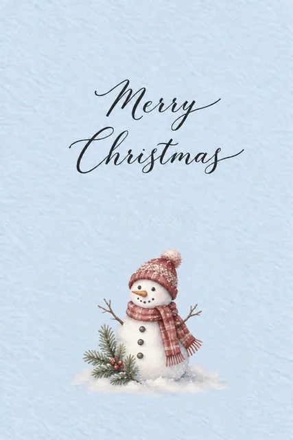 雪だるまともみの枝の水色水彩クリスマスカード（Merry Christmas文字入り）
