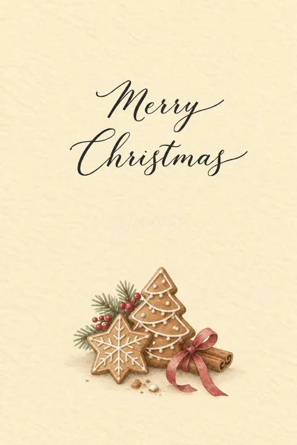ジンジャーブレッドとシナモンの黄色水彩クリスマスカード（Merry Christmas文字入り）