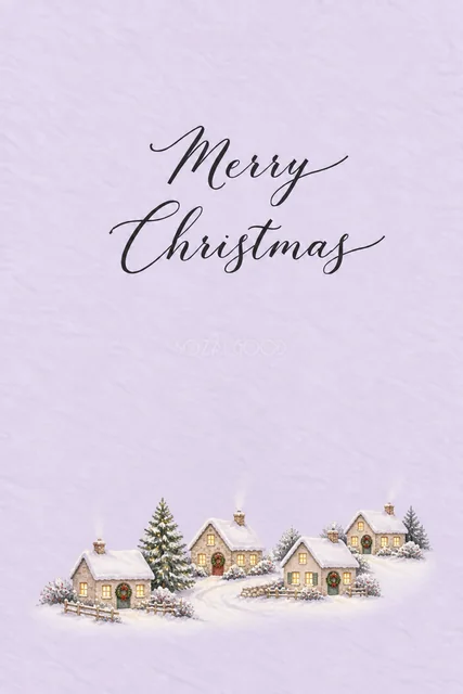 淡いラベンダー背景に雪の小さな街並みを描いた水彩クリスマスカード（Merry Christmas文字入り）