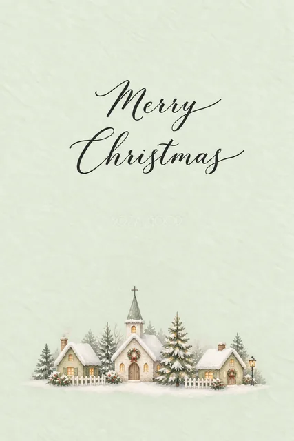 ミントグリーン背景に教会と雪の街並みを描いた水彩クリスマスカード（Merry Christmas文字入り）