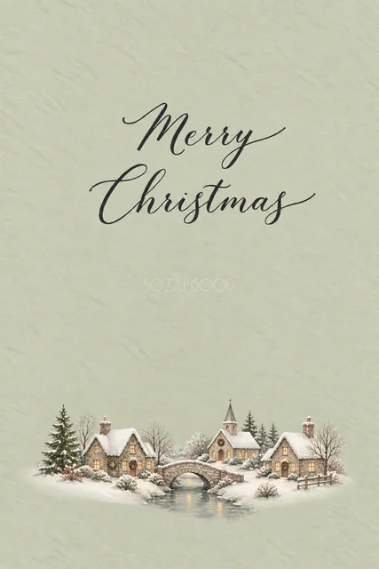 セージグリーン背景に石橋と雪の村を描いた水彩クリスマスカード（Merry Christmas文字入り）